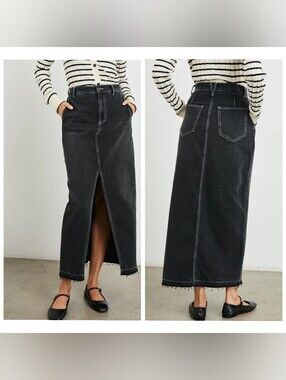 NWT Rails Manhattan Denim Maxi Skirt Eclipse Washed Black High Front Slit 28